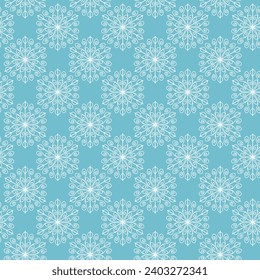 Winter seamless pattern with white snowflakes on blue background. Vector illustration for fabric, textile wallpaper, posters, gift wrapping paper. Christmas vector illustration.