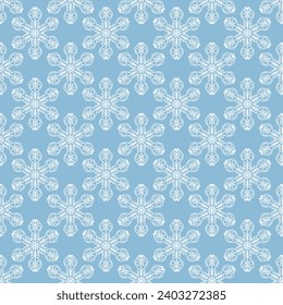 Patrón invernal sin fisuras con copos de nieve blancos sobre fondo azul. Ilustración vectorial para tela, papel de pared textil, carteles, papel de envoltura de regalo. Ilustración vectorial de Navidad.
