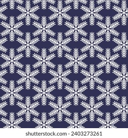 Patrón invernal sin fisuras con copos de nieve blancos sobre fondo azul. Ilustración vectorial para tela, papel de pared textil, carteles, papel de envoltura de regalo. Ilustración vectorial de Navidad.