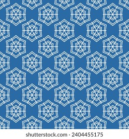 Winternahtloses Muster mit weißen Schneeflocken auf blauem Hintergrund. Vektorgrafik für Gewebe, Tapete aus Spinnstoffen, Poster, Geschenkpapier. Weihnachtsvektorgrafik.