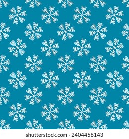 Winter seamless pattern with white snowflakes on blue background. Vector illustration for fabric, textile wallpaper, posters, gift wrapping paper. Christmas vector illustration.