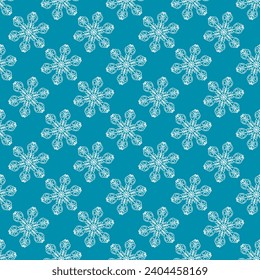 Patrón invernal sin fisuras con copos de nieve blancos sobre fondo azul. Ilustración vectorial para tela, papel de pared textil, carteles, papel de envoltura de regalo. Ilustración vectorial de Navidad.
