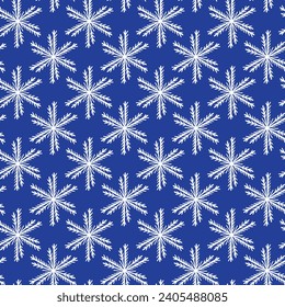 Patrón invernal sin fisuras con copos de nieve blancos sobre fondo azul. Ilustración vectorial para tela, papel de pared textil, carteles, papel de envoltura de regalo. Ilustración vectorial de Navidad.