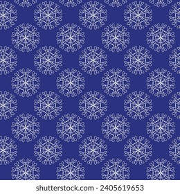 Patrón invernal sin fisuras con copos de nieve blancos sobre fondo azul. Ilustración vectorial para tela, papel de pared textil, carteles, papel de envoltura de regalo. Ilustración vectorial de Navidad.