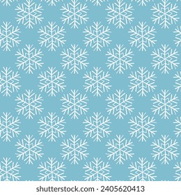 Patrón invernal sin fisuras con copos de nieve blancos sobre fondo azul. Ilustración vectorial para tela, papel de pared textil, carteles, papel de envoltura de regalo. Ilustración vectorial de Navidad.