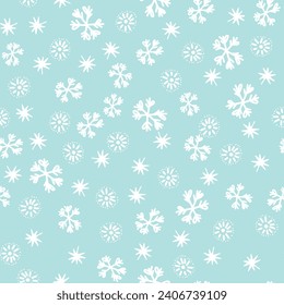 Patrón invernal sin fisuras con copos de nieve blancos sobre fondo de color. Ilustración vectorial para tela, papel de pared textil, carteles, papel de envoltura de regalo. Ilustración vectorial de Navidad. Cae la nieve.