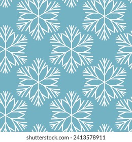 Patrón invernal sin fisuras con copos de nieve blancos sobre fondo de color. Ilustración vectorial para tela, papel de pared textil, carteles, papel de envoltura de regalo. Ilustración vectorial de Navidad. Cae la nieve.