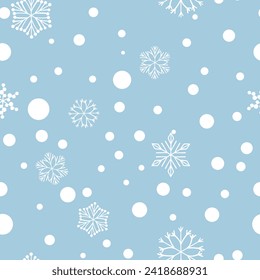 Patrón invernal sin fisuras con copos de nieve blancos sobre fondo de color. Ilustración vectorial para tela, papel de pared textil, carteles, papel de envoltura de regalo. Ilustración vectorial de Navidad. Cae la nieve.