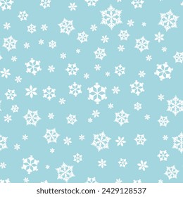 Winter seamless pattern with white snowflakes on blue background. Vector illustration for fabric, textile wallpaper, posters, gift wrapping paper. Christmas vector illustration. Falling snow.