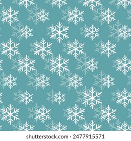 Patrón sin costuras de invierno con copos de nieve blancos sobre fondo azul. Ilustración vectorial para tela, Fondo de pantalla textil, carteles, papel de regalo. Navidades Ilustración vectorial.