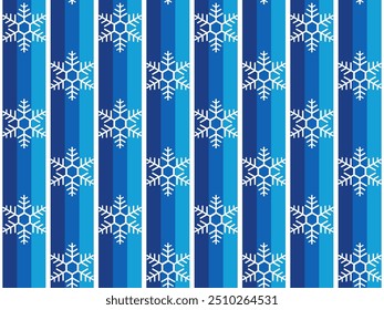 Patrón inconsútil del invierno con los copos de nieve blancos en el fondo rayado azul. Textura de Navidades decorativas con copos de nieve en estilo geométrico, Ilustración vectorial
