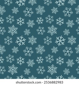 Patrón inconsútil del invierno con los copos de nieve blancos en fondo azul. Ilustración vectorial para tela, Fondo de pantalla textil, carteles, papel de regalo. Ilustración vectorial de Navidades.