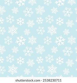 Winter seamless pattern with white snowflakes on blue background. Vector illustration for fabric, textile wallpaper, posters, gift wrapping paper. Christmas vector illustration.