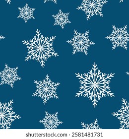 Winter seamless pattern with white snowflakes on color background. Vector illustration for fabric, textile wallpaper, posters, gift wrapping paper. Christmas vector illustration. Falling snow.