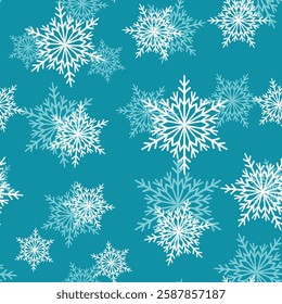 Winter seamless pattern with white snowflakes on color background. Vector illustration for fabric, textile wallpaper, posters, gift wrapping paper. Christmas vector illustration. Falling snow.