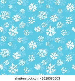 Winter nahtloses Muster mit weißen Schneeflocken auf farbigem Hintergrund. Vektorgrafik für Stoff, Stofftapeten, Poster, Geschenkpapier. Weihnachten, Vektorgrafik. Fallender Schnee.