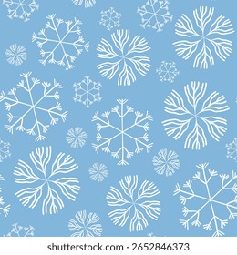 Winter seamless pattern with white snowflakes on color background. Vector illustration for fabric, textile wallpaper, posters, gift wrapping paper. Christmas vector illustration. Falling snow.
