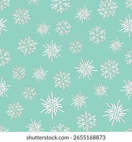 Patrón inconsútil del invierno con los copos de nieve blancos en fondo del color. Ilustración vectorial para tela, Fondo de pantalla textil, carteles, papel de regalo. Ilustración vectorial de Navidades. Cayendo nieve.