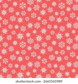 Inverno padrão sem costura com flocos de neve brancos no fundo de cor. Ilustração vetorial para tecido, papel de parede têxtil, cartazes, papel de embrulho para presente. Ilustração de vetor de Natal. Queda de neve.