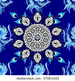 Winter seamless pattern. White snowflakes on blue background, Mandala. Round Ornament Pattern. Geometric circle element made in vector. Oriental motifs.