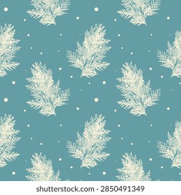 Winter seamless pattern with white thuja branch prints and snow dots on teal background, vintage botanical arborvitae background for Christmas wrapping paper, festive textile, wallpaper and holiday branding.