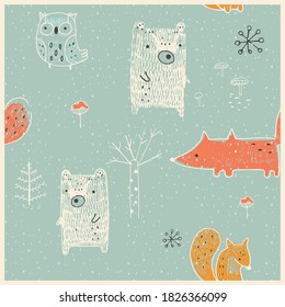 Winter seamless pattern with wild animals: bear, fox, owl and squirrel.  Hand drawn vector illustration.