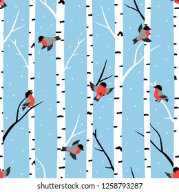 Winter seamless pattern witj bullfinches and birch trees.