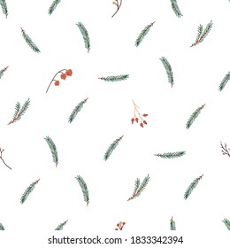 Winter seamless pattern for wrapping papper, fabric, surface design. Fir tree, pine branches, berries, phesalis, minimalist endless design.