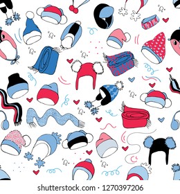Winter Seamless pattern.Endless texture.vector illustration.Hats winter set.Hand drawn isolated objects on white background.Blue and rad colors.Children hats.Winter warm clothers.Scarf
