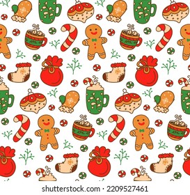 Winter seamless patterns with christmas elements. Awesome holiday vector background. Christmas repeating texture for surface design, wallpapers, fabrics, wrapping paper etc.