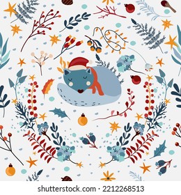 Winter seamless patterns with with a cute sleeping wolf in a scarf, bright flowers, colored garland. Scandinavian animal. Vector illustration.