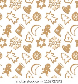 Winter seamless patterns with gingerbread cookies. Awesome holiday vector background. Christmas repeating texture for surface design, wallpapers, fabrics, wrapping paper etc.