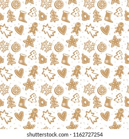 Winter seamless patterns with gingerbread cookies. Awesome holiday vector background. Christmas repeating texture for surface design, wallpapers, fabrics, wrapping paper etc.
