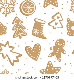 Winter seamless patterns with gingerbread cookies. Awesome holiday vector background. Christmas repeating texture for surface design, wallpapers, fabrics, wrapping paper etc.