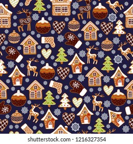 Winter seamless patterns with gingerbread cookies. Holiday vector background. Christmas repeating texture for design wallpapers, fabrics, wrapping paper etc.
