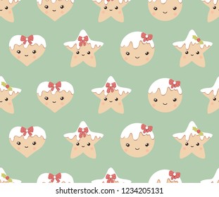Winter seamless patterns with gingerbread cookies. Awesome holiday vector background.