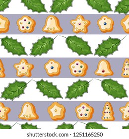 Winter seamless patterns with gingerbread cookies. Awesome holiday vector background. Christmas repeating texture for surface design, wallpapers, fabrics, wrapping paper etc.