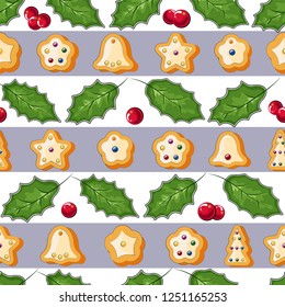 Winter seamless patterns with gingerbread cookies. Awesome holiday vector background. Christmas repeating texture for surface design, wallpapers, fabrics, wrapping paper etc.