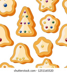 Winter seamless patterns with gingerbread cookies. Awesome holiday vector background. Christmas repeating texture for surface design, wallpapers, fabrics, wrapping paper etc.