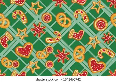 Winter seamless patterns with gingerbread cookies. Awesome holiday background. Christmas repeating texture for surface design, wallpapers, fabrics, wrapping paper etc. Vector illustration