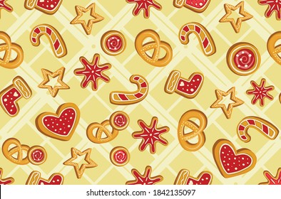 Winter seamless patterns with gingerbread cookies.