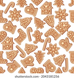 Winter seamless patterns with gingerbread cookies. Awesome holiday vector background. Christmas repeating texture for surface design, wallpapers, fabrics, wrapping paper etc.