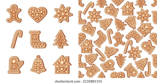 Winter seamless patterns with gingerbread cookies. Awesome holiday vector background. Christmas repeating texture for surface design, wallpapers, fabrics, wrapping paper etc. 