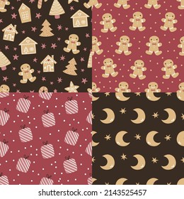 Winter seamless patterns with gingerbread cookies. Awesome holiday vector background. Christmas repeating texture for surface design