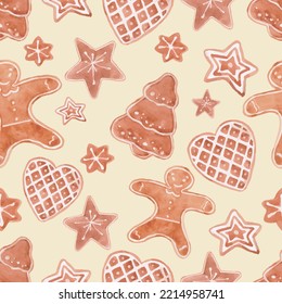 Winter seamless patterns with gingerbread cookies. Holiday treat on beige background. Vector illustration