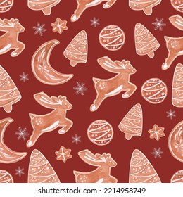 Winter seamless patterns with gingerbread cookies. Holiday treat on red background. Snowflakes. Vector illustration