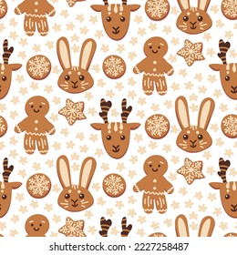 Winter seamless patterns with gingerbread cookies in different shapes like circles, stars, men, deer, and rabbit