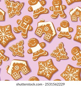 Winter seamless patterns with gingerbread cookies. Awesome holiday vector pink background.