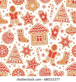 Winter seamless patterns with gingerbread cookies. Awesome holiday vector background. Christmas repeating texture for surface design, wallpapers, fabrics, wrapping paper etc.