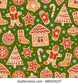 Winter seamless patterns with gingerbread cookies. Awesome holiday vector background. Christmas repeating texture for surface design, wallpapers, fabrics, wrapping paper etc.